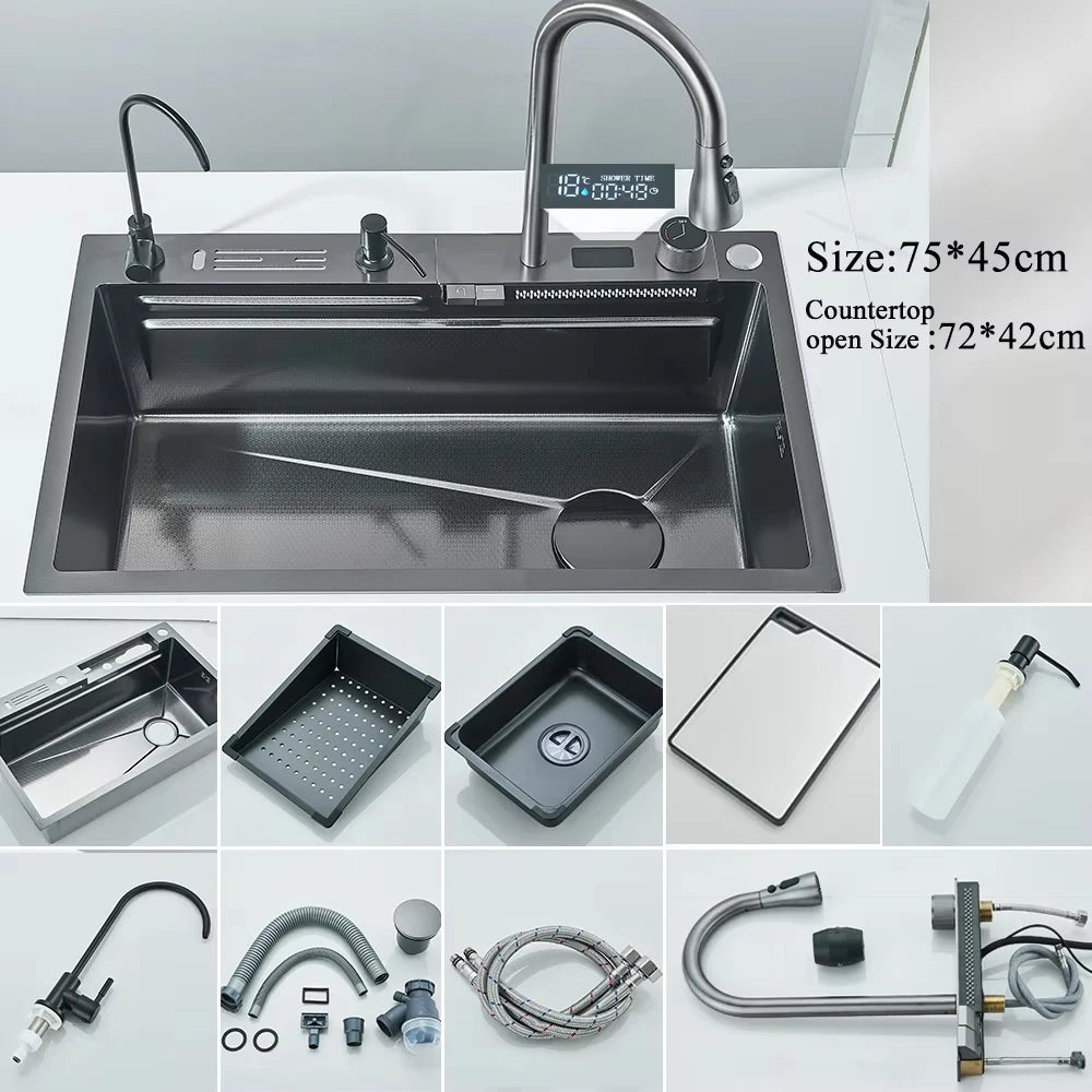 Stainless Steel Waterfall Kitchen Sink Single Slot Integrated Digital Display Faucet Set