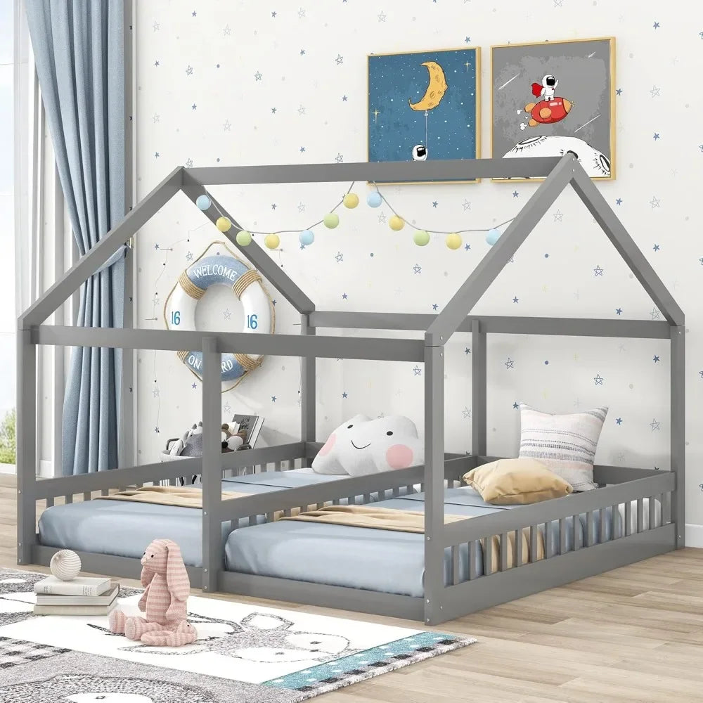 Double Twin Size Shared Bed with Fence Railings,House