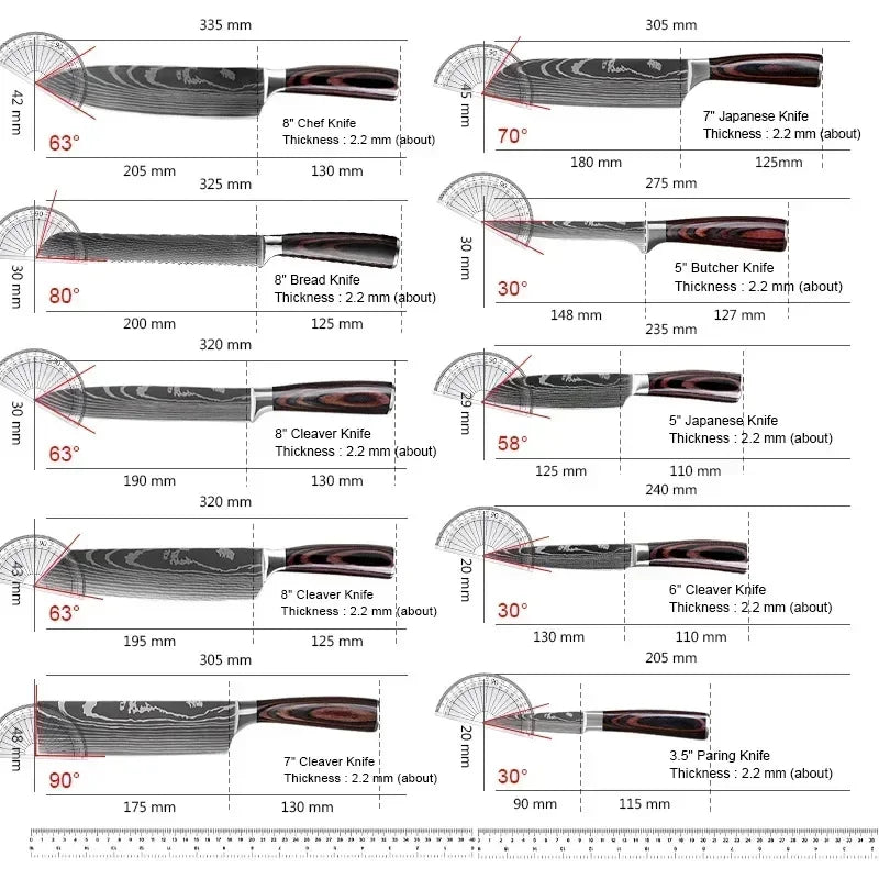 Professional Damascus Kitchen Knives Set.