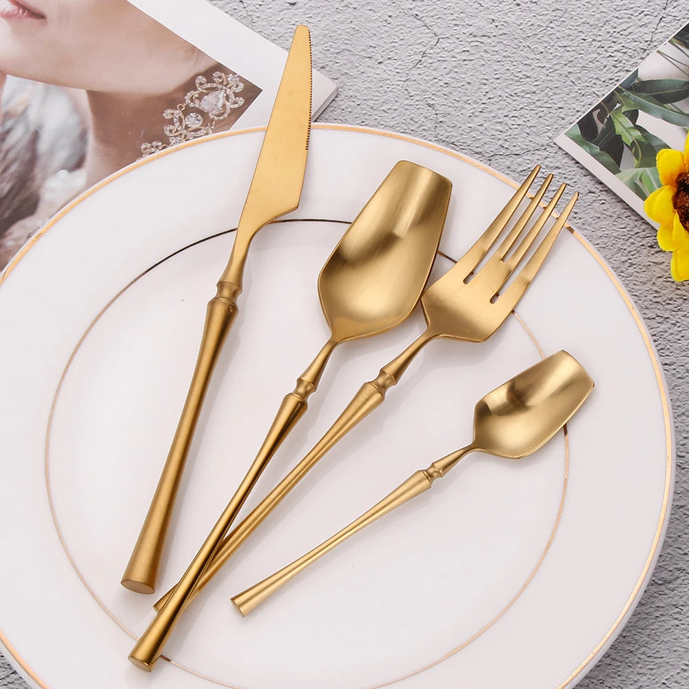 12/16/20 Pieces Knife Fork Spoon Set Gold Cutlery Set Stainless Steel Western Tableware Black Dinnerware Mirror Elegant Flatware