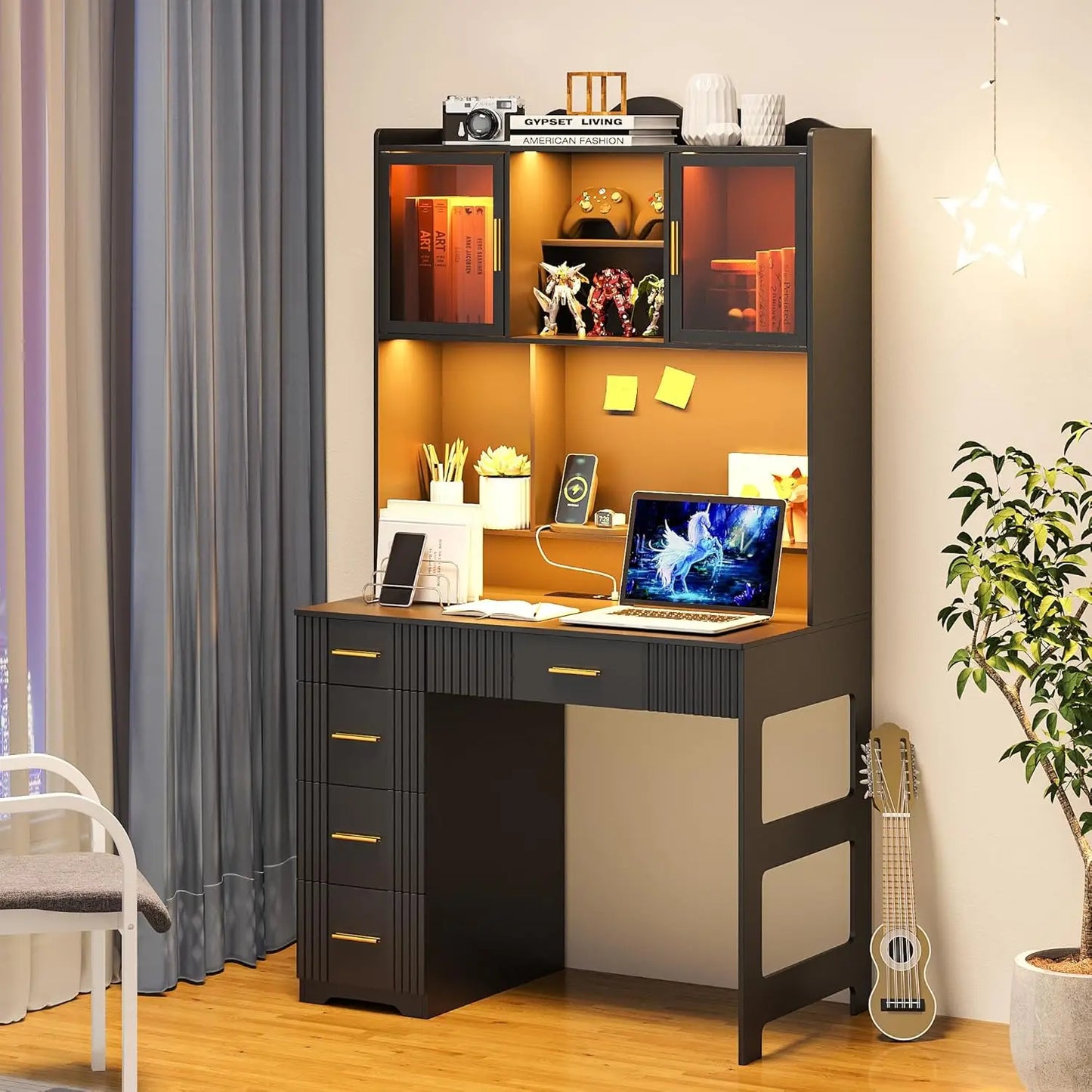School Desks.LED Study Desk with Hutch and Drawer