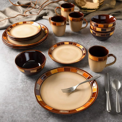 16-piece Beige and Brown Dinnerware