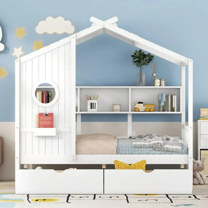 Twin House Bed with Storage Drawers & Bookcase
